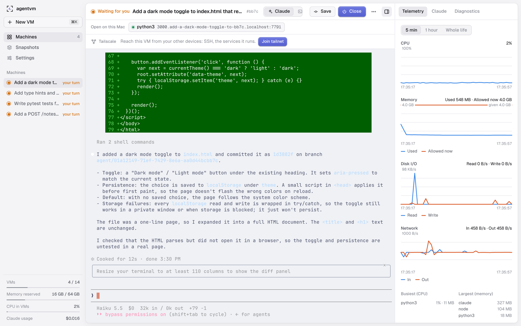 A machine: Claude Code’s finished work, its telemetry and a dev server on port 3000 open on the Mac