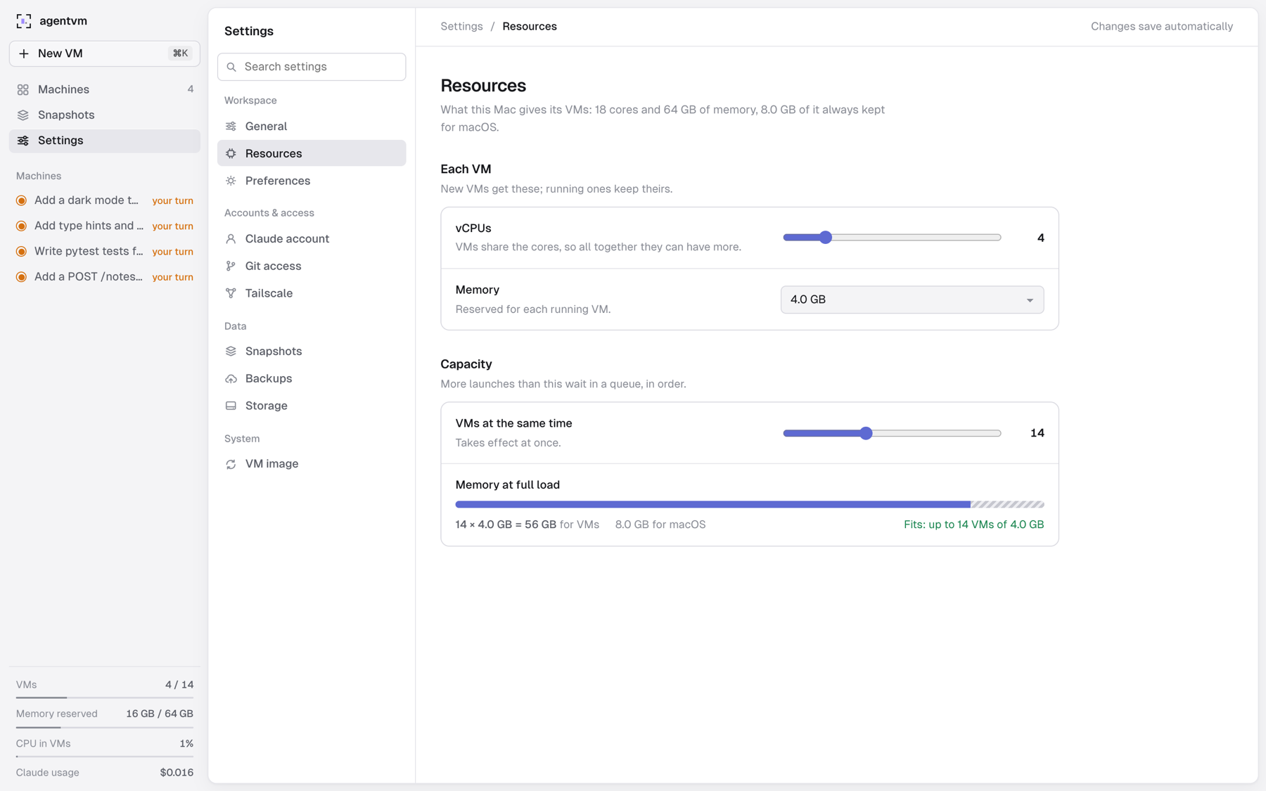 Settings › Resources: vCPUs and memory per VM, VMs at the same time, and the memory budget of this Mac