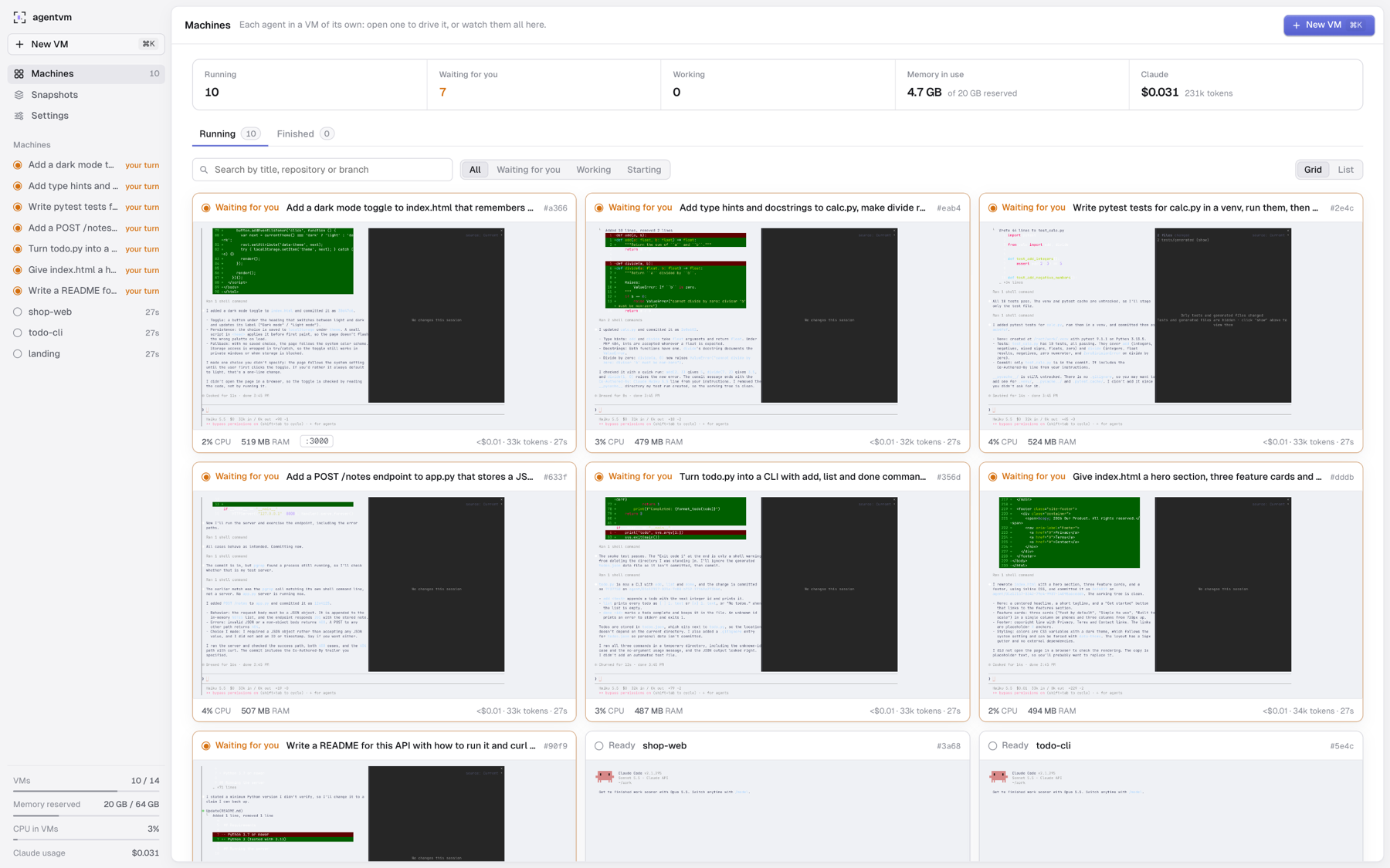 The Machines page: ten VMs, seven Claude Code agents waiting for review and three terminals ready